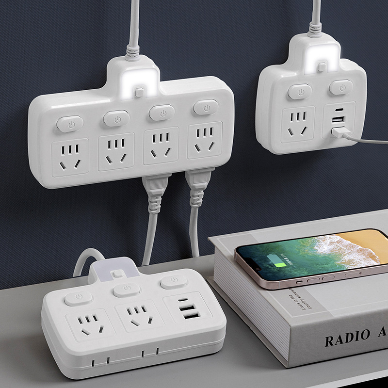 儒雅插座板一转多转换器带长线多开关排插接线板侧边插多功能USB