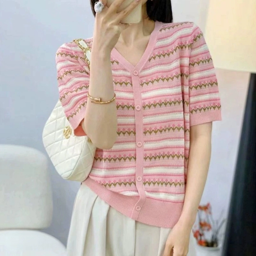 Стильный жаккардовый кардиган больших размеров с полым узором, модный утягивающий модный полосатый универсальный свободный женский вязаный топ с короткими рукавами