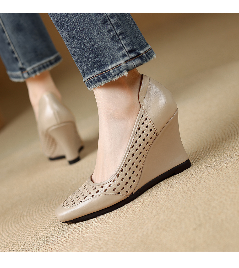 Giày sandal nữ da thật mũi vuông gót xuồng thấp, xỏ chân thoáng khí đi làm — màu trắng ngà, màu mơ chi tiết 7