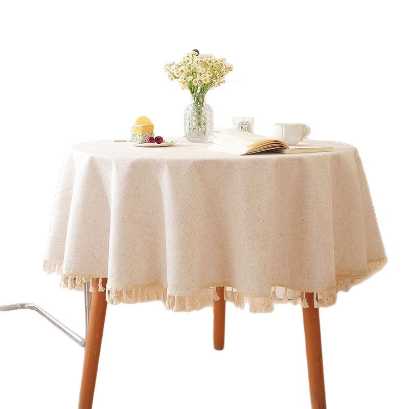 Mantel redondo de lino y bambú estilo nórdico, color sólido con borlas, simple y elegante, al por mayor