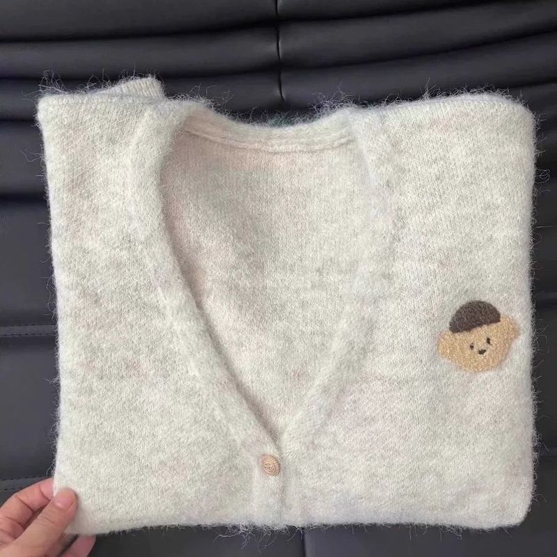 宽松小熊新款针织春秋外套上衣开衫慵懒高级感韩系女毛衣领软糯|undefined