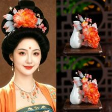 森系 仙美手工真丝烫花牡丹芍药汉服后压头饰 唐风大花朵橘色发夹