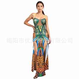 小众印花设计性感拼纱双开叉吊带裙派对时装秀演出服连衣裙蜜蜂