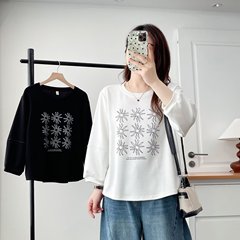 2025大码女装秋季新款简约印花圆领九分袖上衣200斤胖妹妹T恤8442