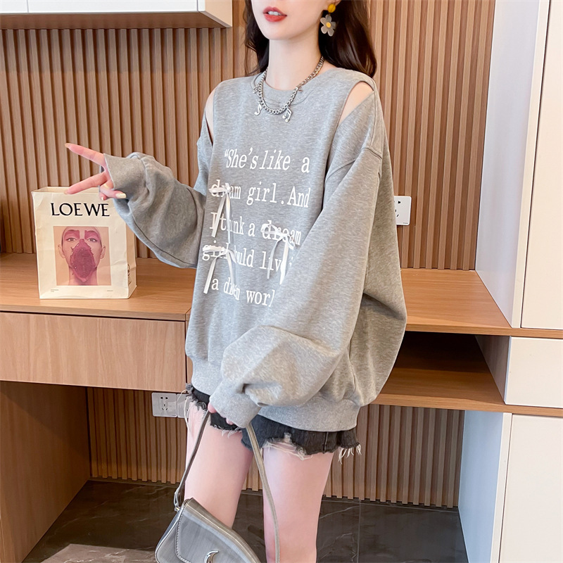 This year's popular beautiful long sweater crew neck long sleeve 2024 autumn and winter new open shoulder letter top