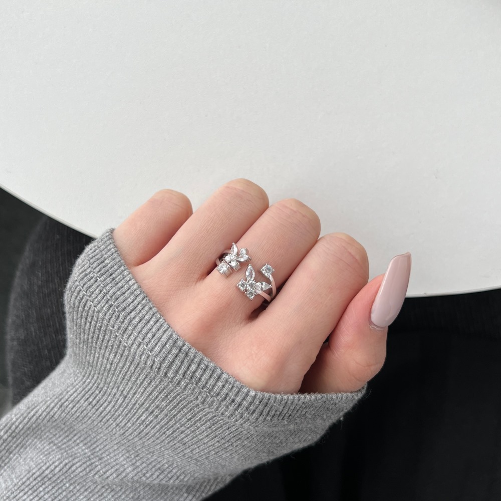 5g Weight Zircon Inlay Material Open Rings, Rings Classification 6, 9, Adjustable Ring Size 1 Piece Quantity Daily, Tea Party Occasion 925 Sterling Silver Material Butterfly Pattern Women's Gender Inlay Design Sweet, Shiny Style 925 Sterling Silver Zircon Butterfly Open Rings Rings 10