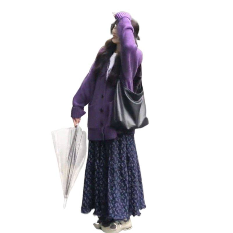 温柔慵懒风时尚套装女秋冬新款宽松毛衣开衫碎花半身裙两件套|undefined