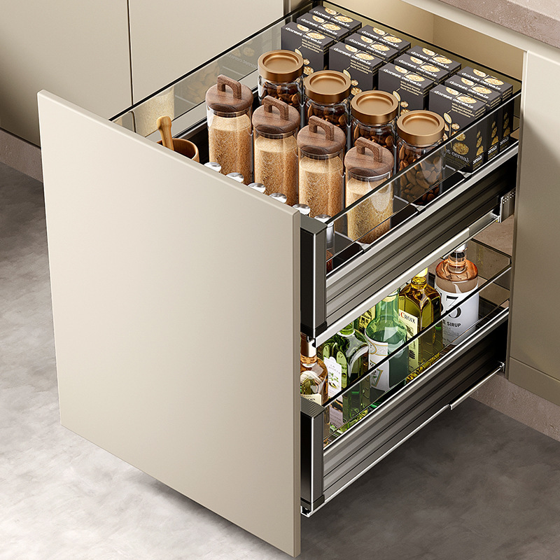 Aluminum Alloy Double-Layer Drawer-Style Kitchen Cabinet Storage Seasoning Bowl Basket Aluminum Alloy Double-Layer Drawer-Style Kitchen Cabinet Storage Seasoning Bowl Basket