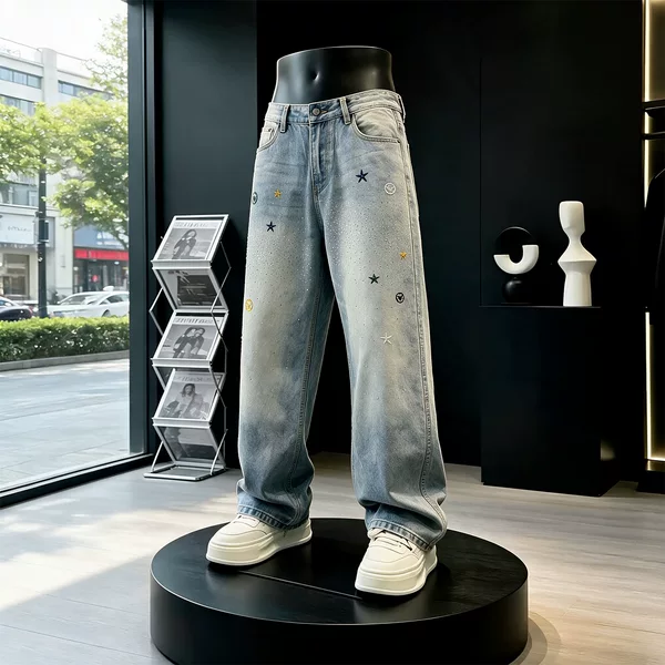 New high-quality trendy brand loose-fitting embroidered rhinestone straight wide-leg pants, American high street fashion men's jeans