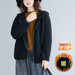 fleece-lined Hooded Warm Jacket Black Zipper Jacket Winter New chubby girl Solid Color Sweatshirt Top Casual