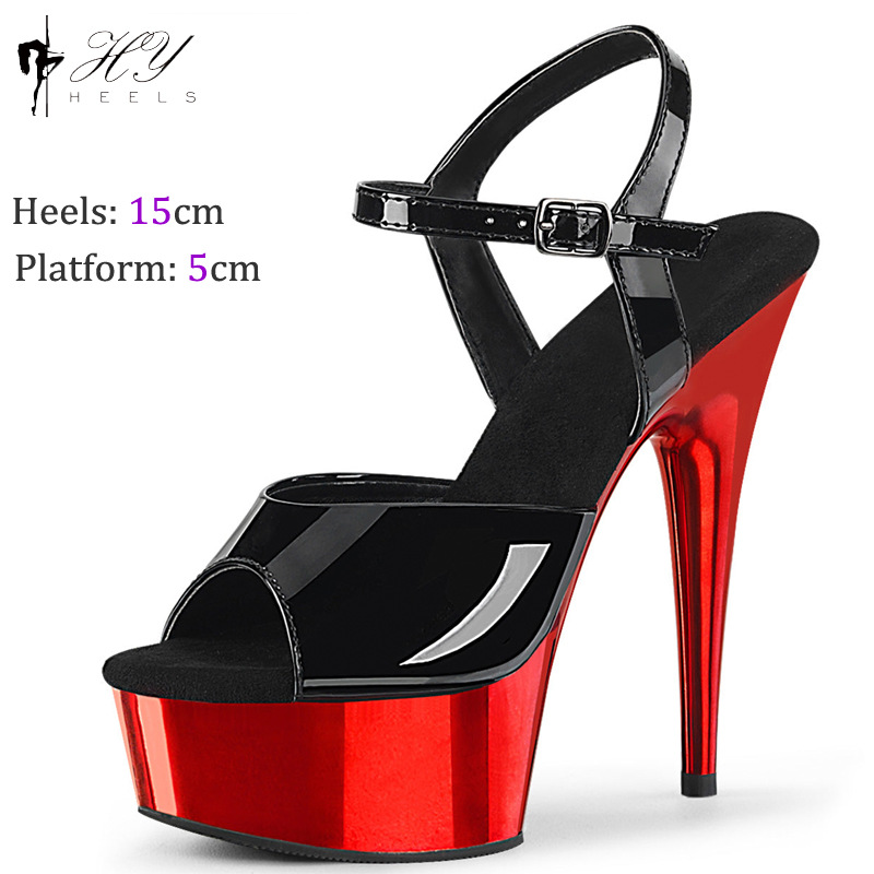 Sandal cao gót 15 cm đế gương mạ điện miệng cá hở mũi dạ hội — Màu vàng, Màu Đỏ đào, Màu bạc, Màu đỏ