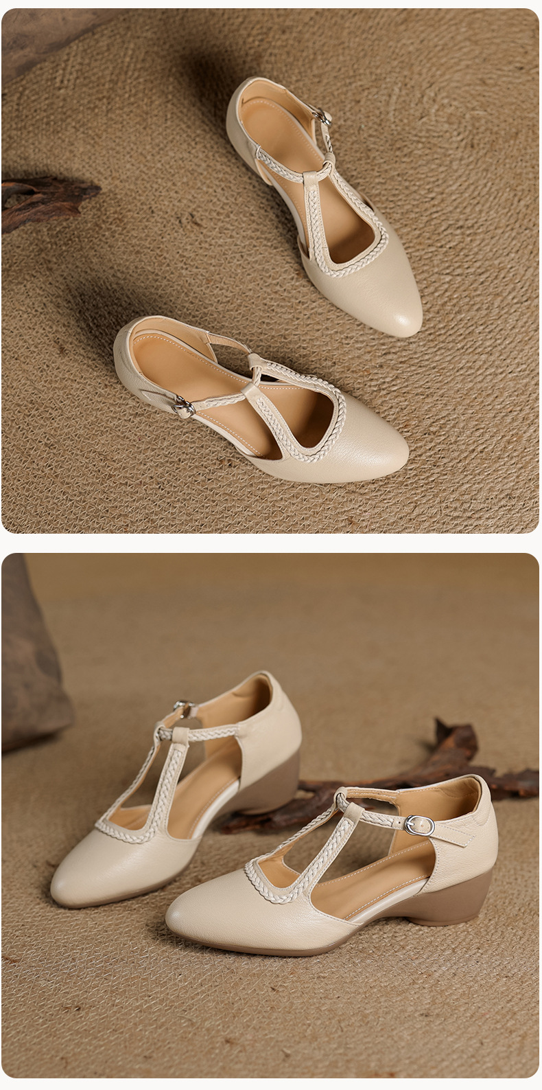 Sandal nữ quai ngang mũi nhọn da cừu đế xuồng gót 4.5 cm — nâu chi tiết 19