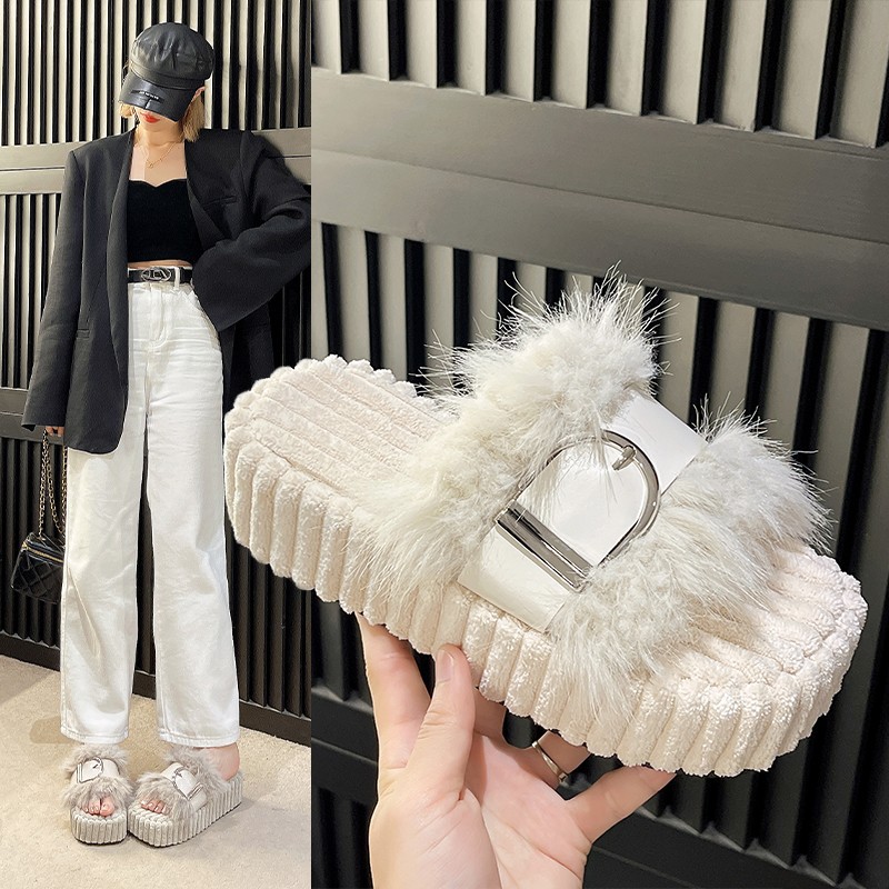 Estilo coreano de moda retro zapatillas de felpa zapatos de mujer 2023 principios de otoño nueva celebridad de Internet casual plataforma de felpa chanclas