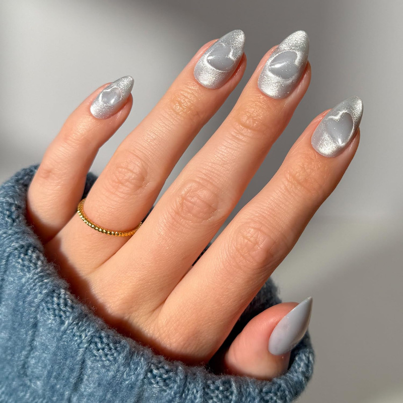 Nail Art Nail Tips, Gray Heart Cat Eye Almond Nails, Long Fake Nail Stickers, Simple and Stylish Nail Art Pieces