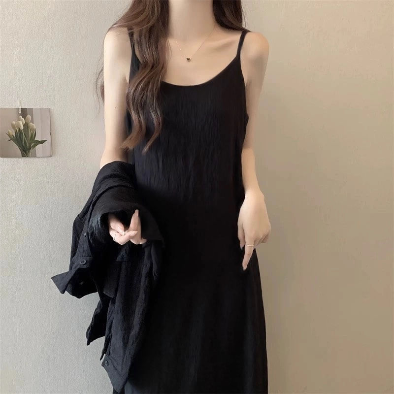 2025新款褶皱吊带连衣裙慵懒风外穿内搭宽松大码连衣裙女厂家直销|undefined