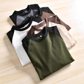 定制2025双面德绒插肩长袖t恤男女春秋撞色拼接圆领保暖外穿打底