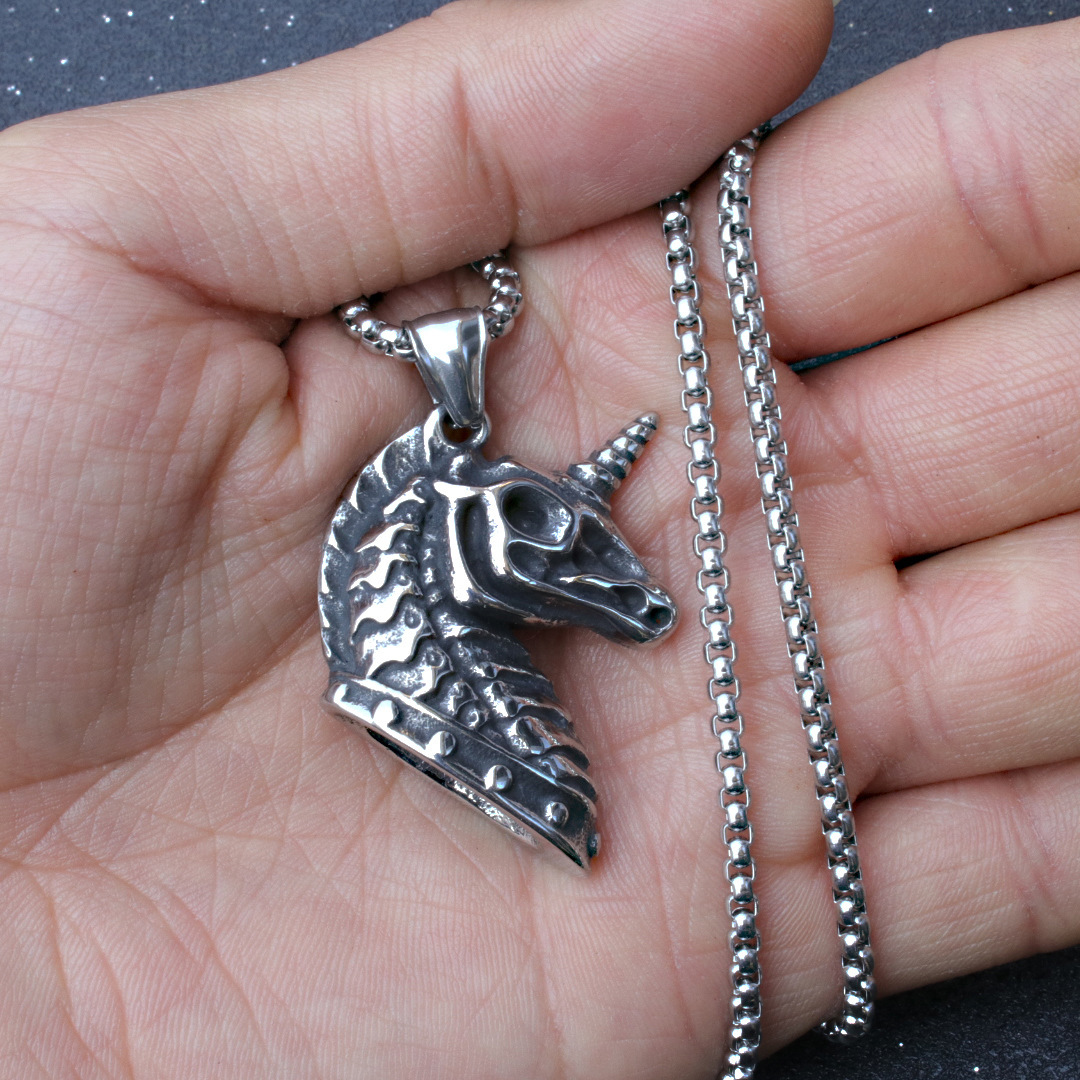 Collier tendance en acier inoxydable avec pendentif en forme de squelette de licorne pour homme et femme_voghion.com