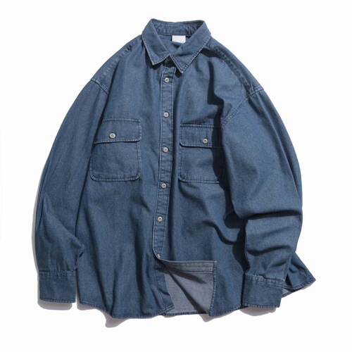 Washed Vintage Denim Shirt for Men - Long Sleeve Loose Workwear Casual Blouse Trendy Retro Simple Jacket
