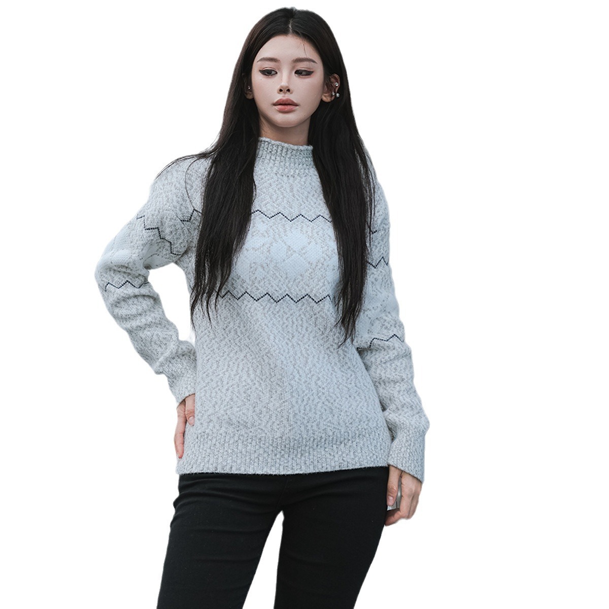 Autumn and winter half turtleneck pullover sweater European and American cross-border foreign trade women's snowflake jacquard sweater chenille top