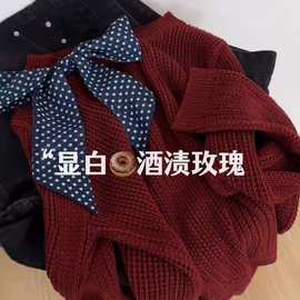 韩系气质红色镂空针织衫女秋季新款设计感波点蝴蝶结拼接宽松上衣