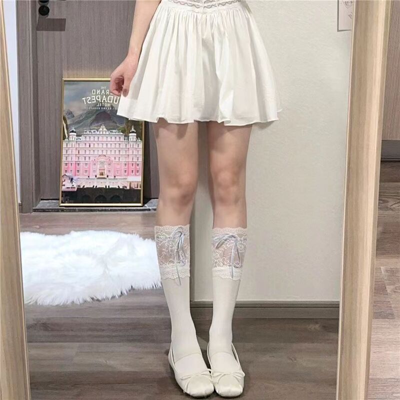 バレエ風少女春夏リボン蝶結び中筒靴下レースミルク白甜妹スタッキングソックス|undefined