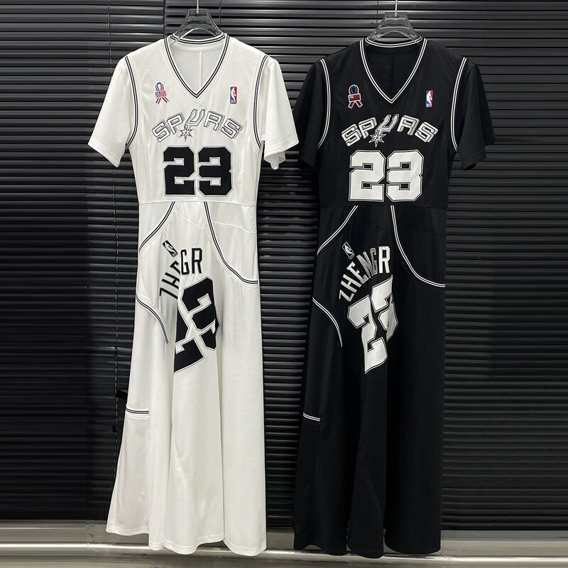 Jersey Style Splicing Dress Women's Embroidered Slimming Sports Casual Long Skirt