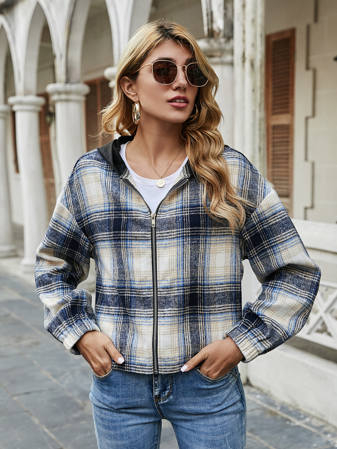 fashion loose plaid hooded jacket NSJM64005