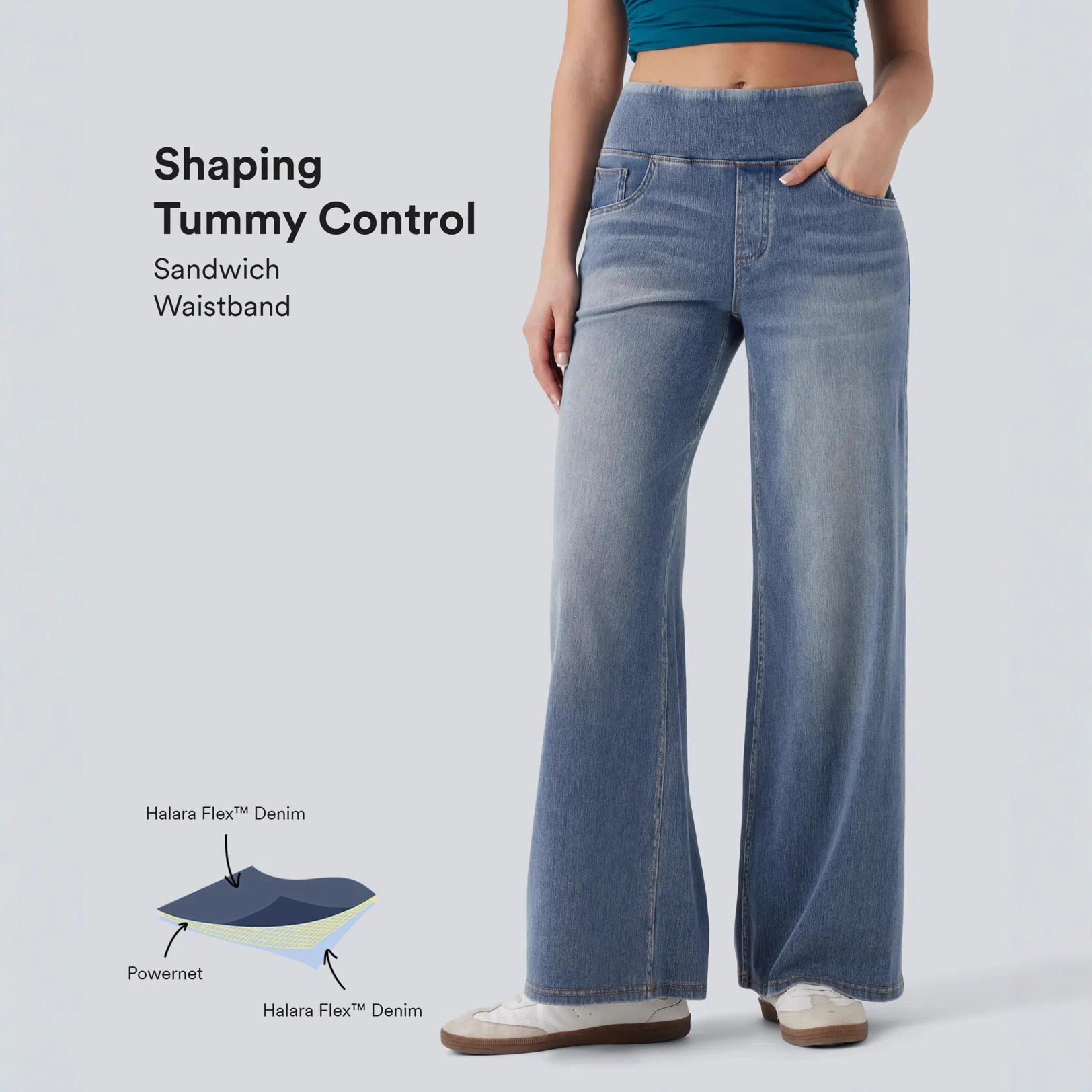 ✅ European and American High-Waisted Whiskered Yoga Jeans for Women, Cross-Border High-Elastic Slimming Loose Pocket Wide-Leg Casual