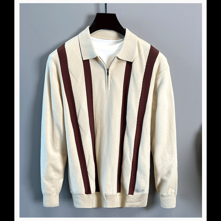 Men’s Half-zip Striped Knitted Polo Shirt Warm Autumn Winter Top_voghion.com