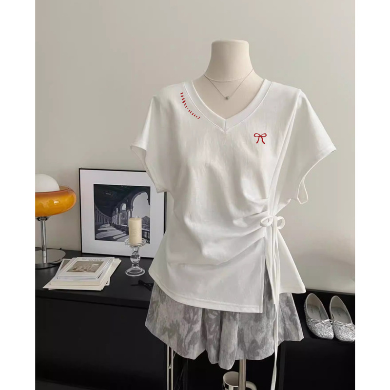 Highly Stylish and Attractive~ Irregular Tie-Up White V-Neck Short-Sleeve T-Shirt for Women, Summer Design, Waist-Cinching, Slimming Top, Ins Style Highly Stylish and Attractive~ Irregular Tie-Up White V-Neck Short-Sleeve T-Shirt for Women, Summer Design, Waist-Cinching, Slimming Top, Ins Style