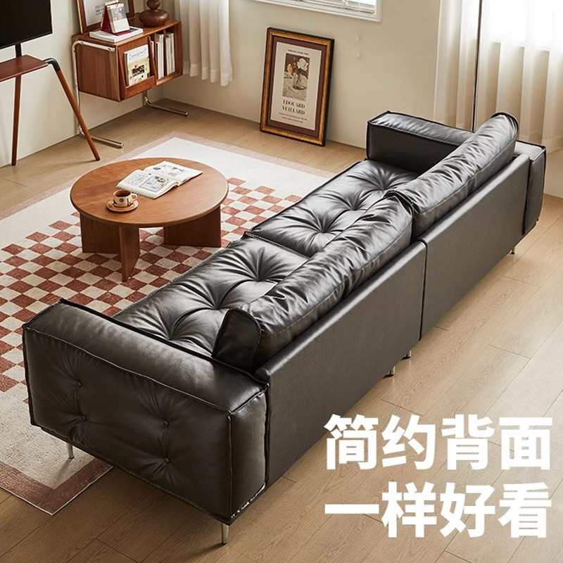 中古风复古黑色2025年新款油蜡皮直排沙发包豪斯羽绒三人位沙发|undefined