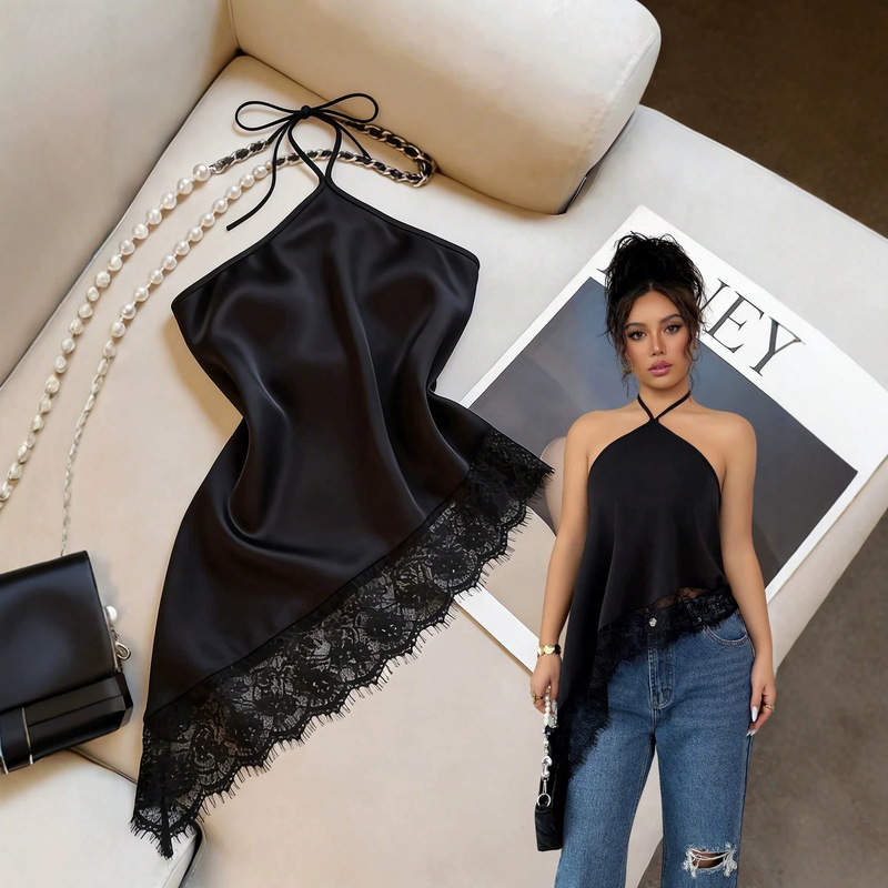 2026 Summer New European and American Cross-Border Women's Fashion Sleeveless Satin Halter Top with Lace Trim 2026 Summer New European and American Cross-Border Women's Fashion Sleeveless Satin Halter Top with Lace Trim