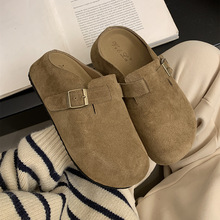 小个子5CM~真皮勃肯鞋女厚底半拖秋冬新款复古松糕穆勒鞋包头拖鞋