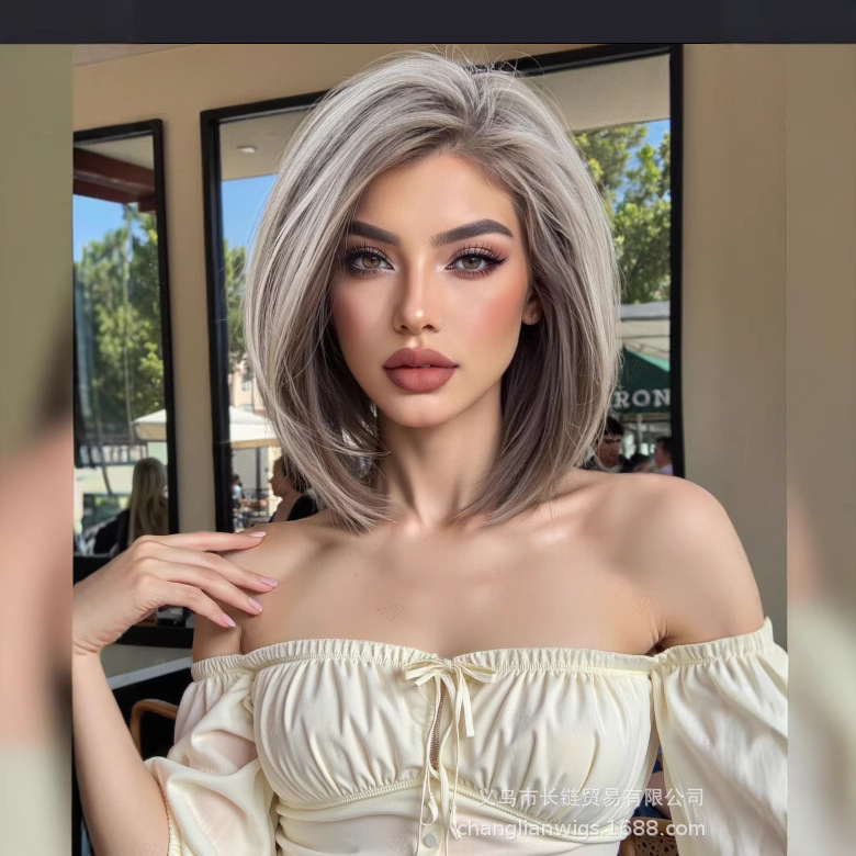 Lace Wig 13*6 Cross-Border High Quality Summer Natural Realistic Gray Brown Short Hair Free Slit Seamless Wig for Women Lace Wig 13*6 Cross-Border High Quality Summer Natural Realistic Gray Brown Short Hair Free Slit Seamless Wig for Women
