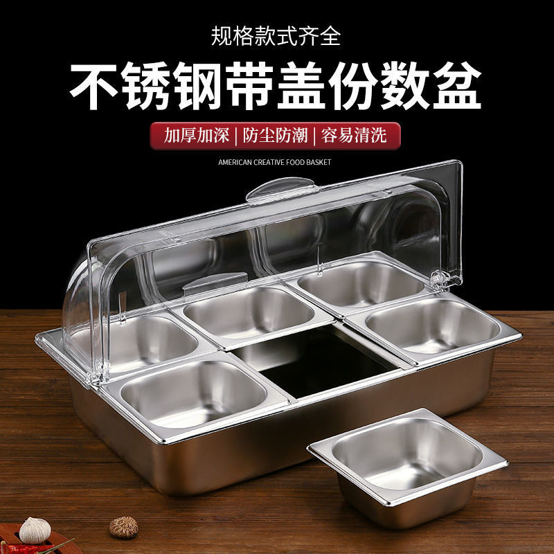 Platos de acero inoxidable de doble capa colocados en cabinas de exhibición de verduras frías con hielo, pastel de aislamiento frío, mesa de comedor a prueba de polvo y humedad