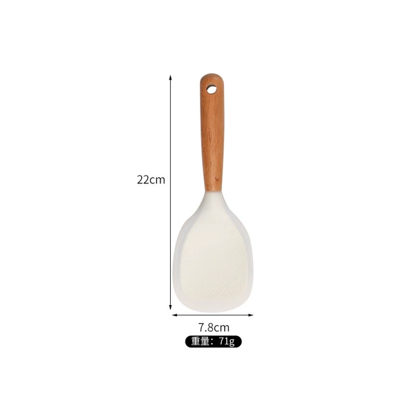 Semi-transparent white silicone rice spoon with wooden handle
