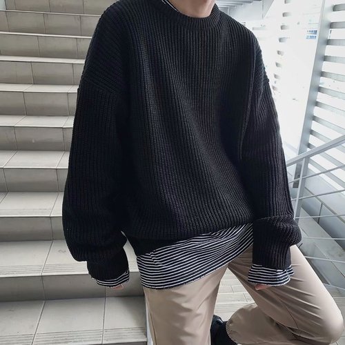 Winter and Autumn Innerwear Knit Top Solid Color Crew Neck Sweater Loose and Versatile Thickened Korean Style Trendy Men's Outerwear