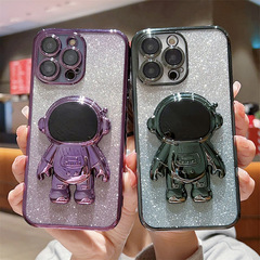グラデーショングリッター宇宙飛行士スタンド付きiPhone17ケース、iPhone15Pro対応、フルカバー、レンズフィルム付き