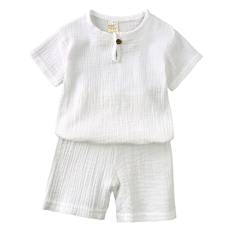 Детская одежда для мальчиков и девочек, летний костюм с короткими рукавами, детская футболка с короткими рукавами на пуговицах из хлопка и льна, тонкий комплект из двух предметов.