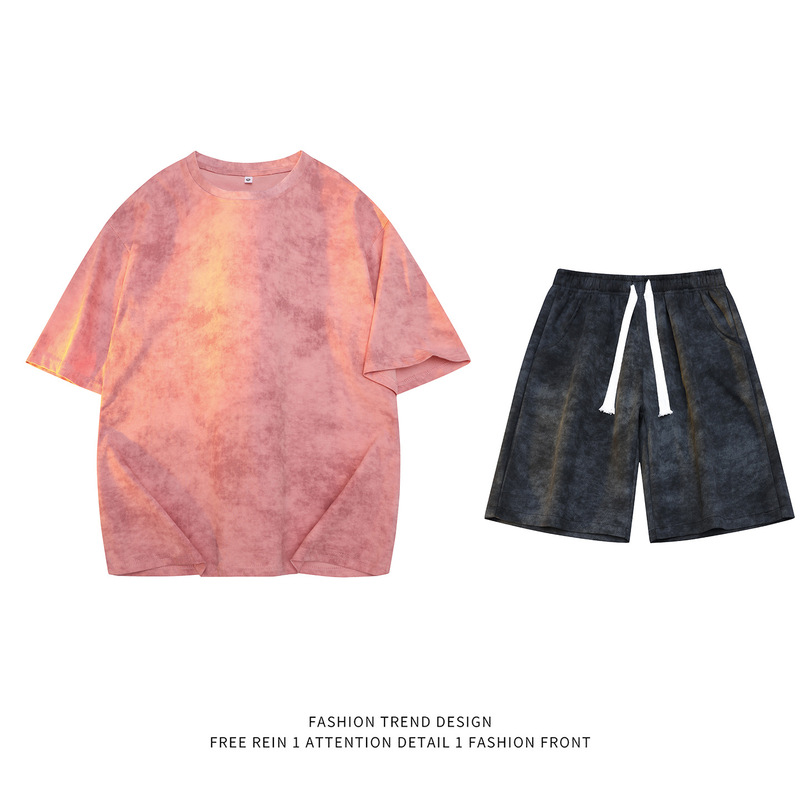 Tie-Dye Two-Piece Short-Sleeve Shorts Set, Unisex Design, Sporty Couple's Starry Sky Top T-Shirt Tie-Dye Two-Piece Short-Sleeve Shorts Set, Unisex Design, Sporty Couple's Starry Sky Top T-Shirt