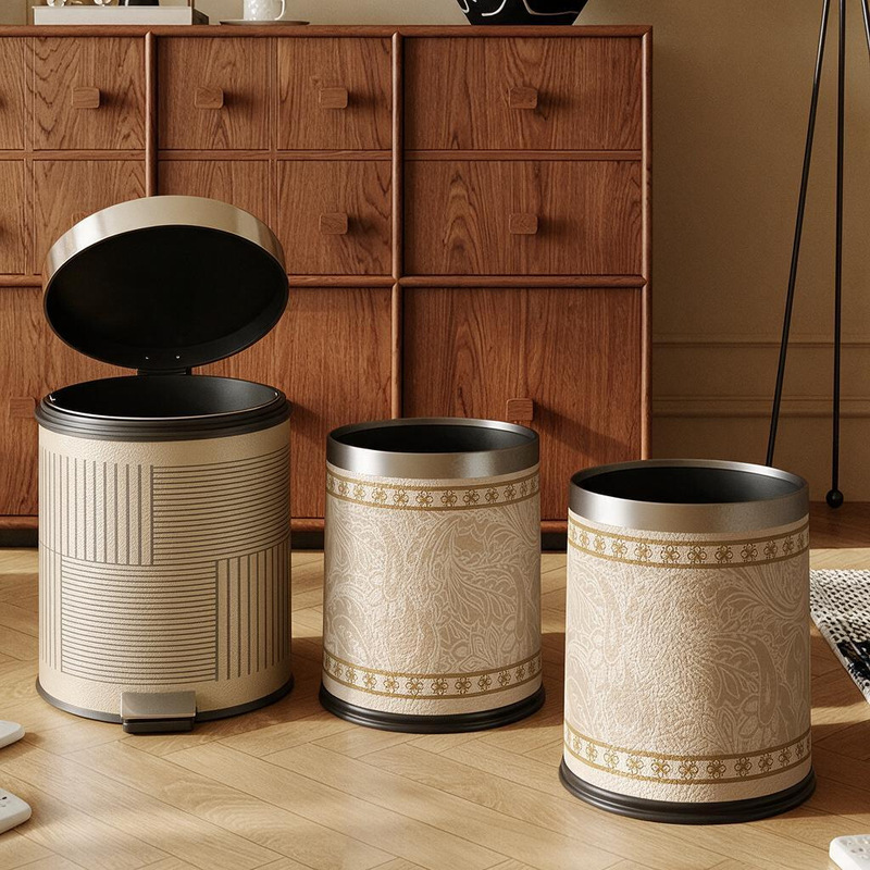 French-Style Vintage Leather Trash Can with Foot Pedal and Lid, Double-Layer, Minimalist Style, High Aesthetic Value, with Inner Bucket, Small Size, with Lid French-Style Vintage Leather Trash Can with Foot Pedal and Lid, Double-Layer, Minimalist Style, High Aesthetic Value, with Inner Bucket, Small Size, with Lid