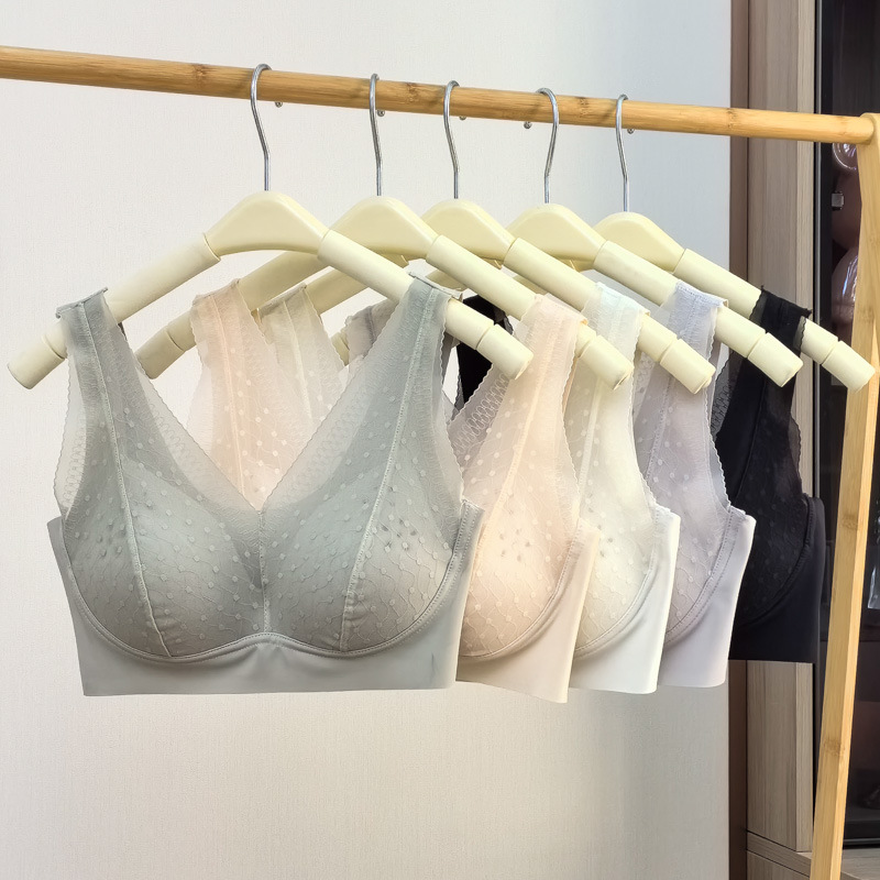 New French beautiful back lingerie for women wide shoulder fixed cup ice silk suspender vest lace strap u-shaped beautiful back bra