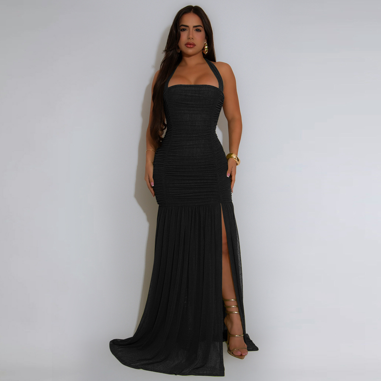 C7398 Cross-border AliExpress Amazon Ropa de mujer de moda europea y americana Vestido de color sólido sexy con hilo de red de verano
