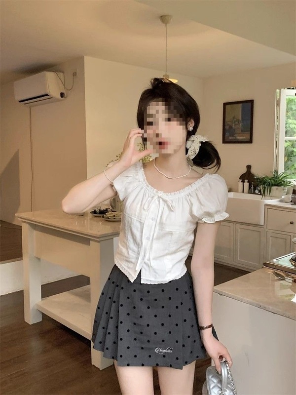 小个子短款新款蕾丝花边泡泡衬衫夏季修身短袖别致衬衣甜美上衣|undefined