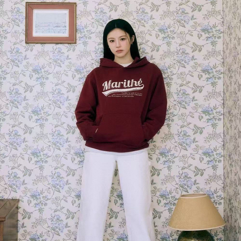 高允真车银优同款韩国Marithe美式休闲做旧字母撞色连帽卫衣男女|undefined