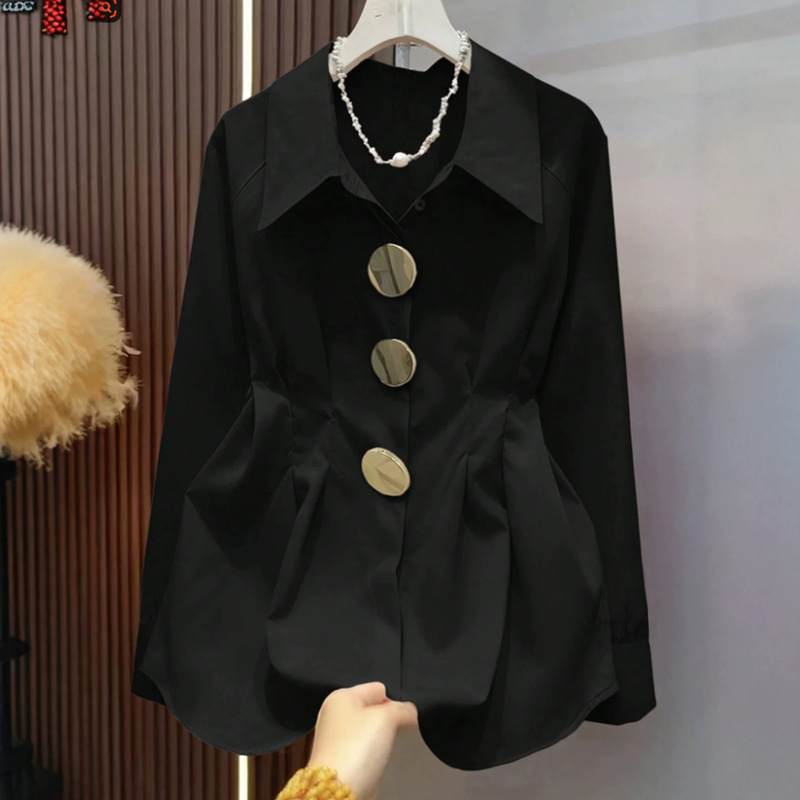 French-style metal-button waist-cinching shirt for women, featuring a unique design, a chic collar, and a long-sleeved, elegant, and versatile style suitable for work