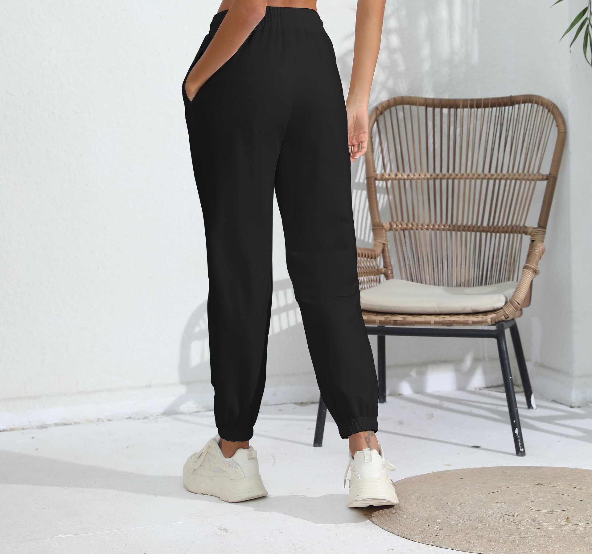 Pantalon de survêtement en polaire noir pour femmes, décontracté, jogging, sport, taille haute, pieds amples, pour la maison_voghion.com