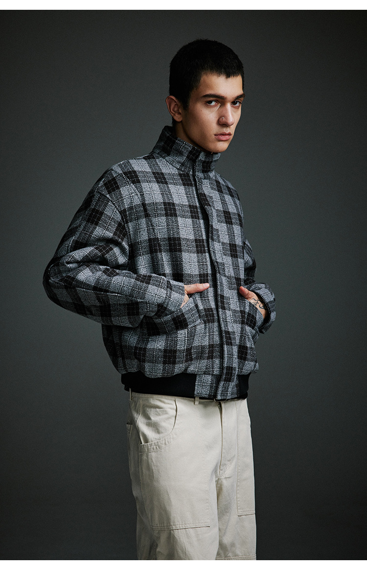 Men's Clothing Retro Stand Collar Plaid Woolen Coat Vintage Design Cotton Coat_voghion.com