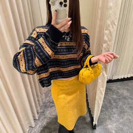 缪系高定南油女装25ss秋冬圆领短款长袖针织衫女复古条纹毛衣上衣