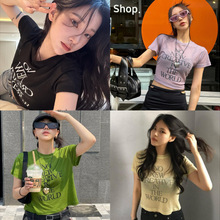 2023夏季新款 韩国Current字母印花弹力修身短款微透圆领短袖T恤